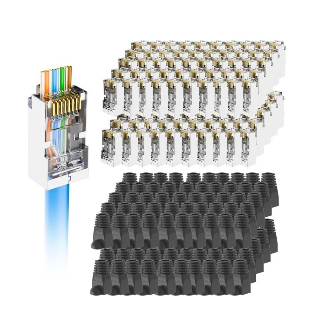 VCELINK Cat5e RJ45 Pass Through Connectors w/ RJ45 Strain Relief Boots‎ 100-Pack